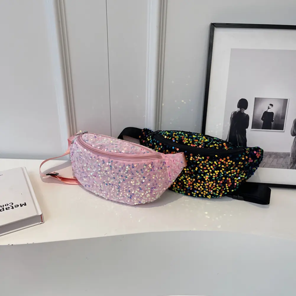 Sequin PU Leather Chest Bag for Women Trendy Crossbody Bag Sling Banana Bag Shiny Shoulder Bag Phone Waist Bag Handbags Purse