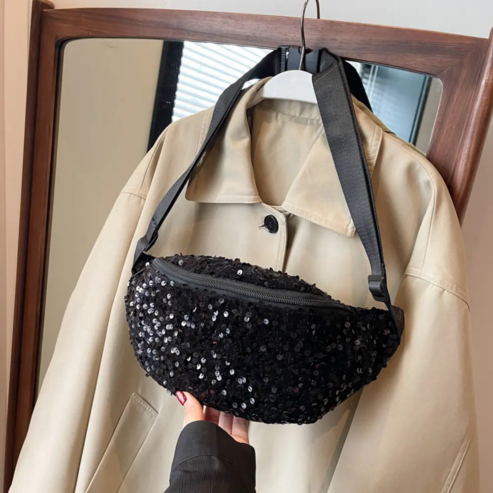 Sequin PU Leather Chest Bag for Women Trendy Crossbody Bag Sling Banana Bag Shiny Shoulder Bag Phone Waist Bag Handbags Purse