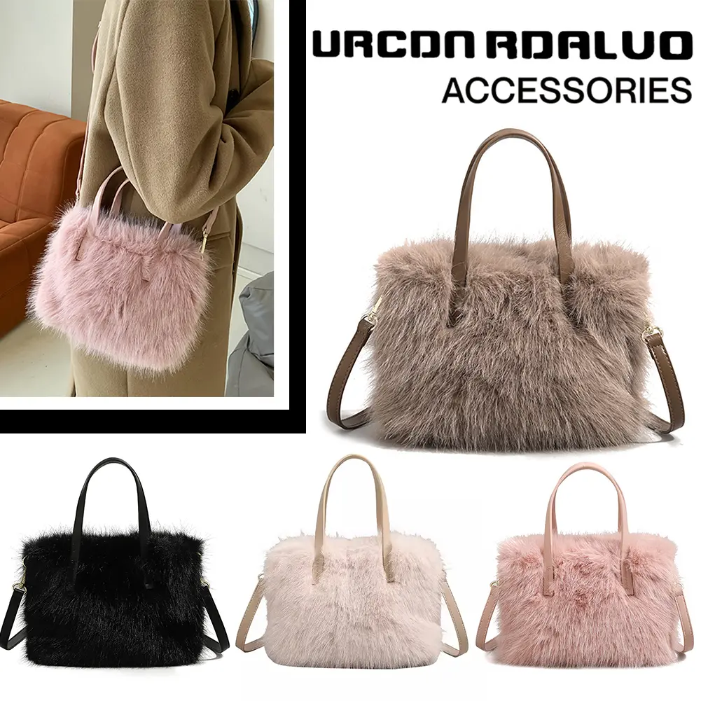 Women Faux Fur Crossbody Bag Fluffy Clutch Purse Adjustable Strap Mini Tote Bag Satchel Purse for Travel Party