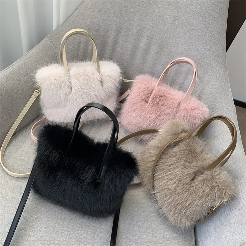 Women Faux Fur Crossbody Bag Fluffy Clutch Purse Adjustable Strap Mini Tote Bag Satchel Purse for Travel Party