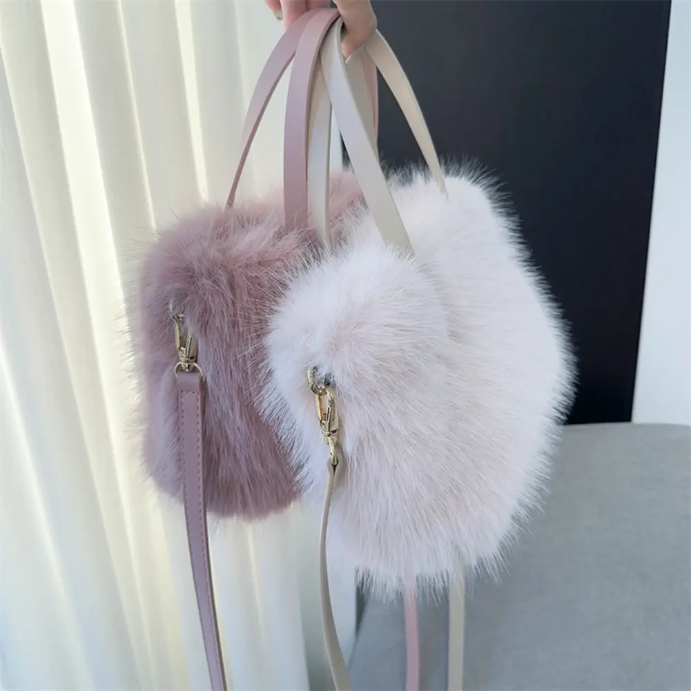 Women Faux Fur Crossbody Bag Fluffy Clutch Purse Adjustable Strap Mini Tote Bag Satchel Purse for Travel Party