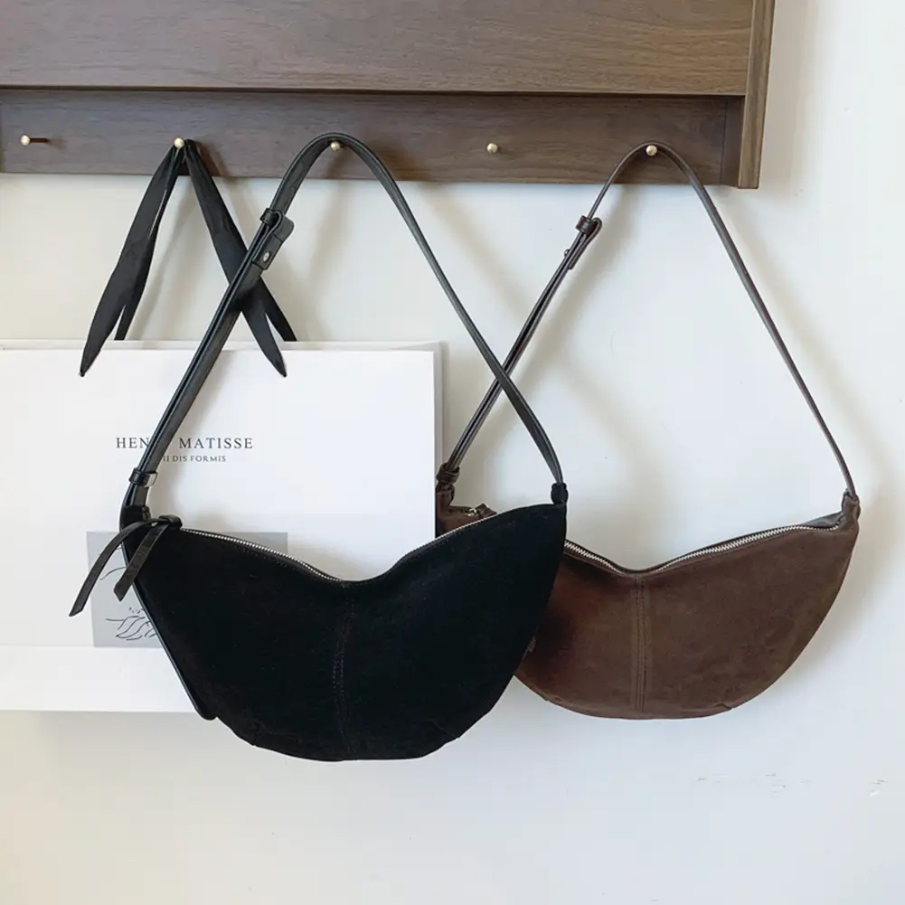 Crossbody Bag for Women Men Multi-pocket Handbag Adjustable Strap Suede Hobo Sling Bag Solid Dumpling Bag for Work Travel