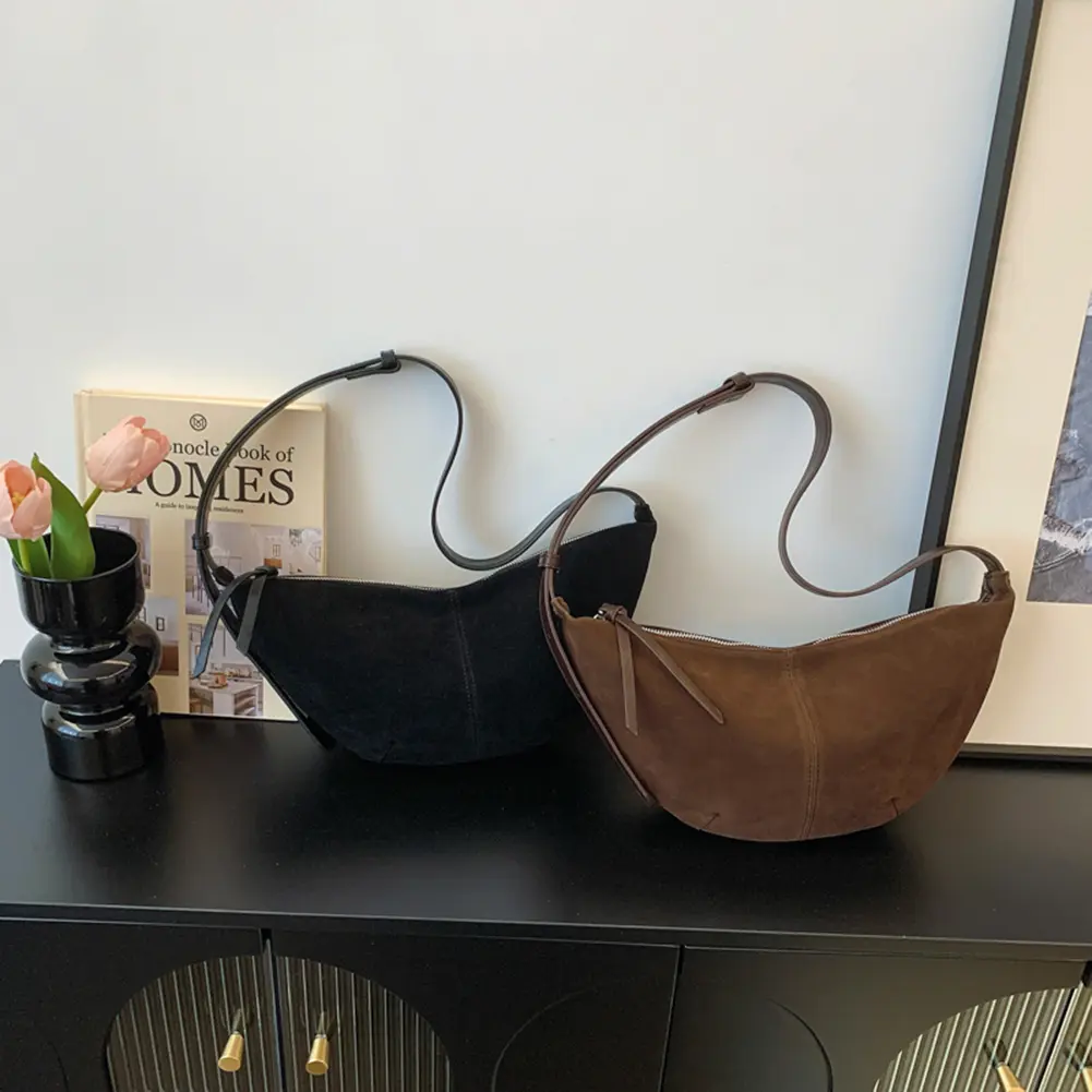 Crossbody Bag for Women Men Multi-pocket Handbag Adjustable Strap Suede Hobo Sling Bag Solid Dumpling Bag for Work Travel