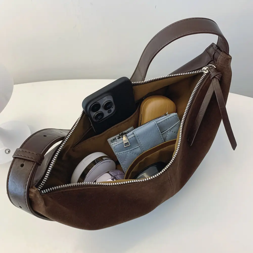 Crossbody Bag for Women Men Multi-pocket Handbag Adjustable Strap Suede Hobo Sling Bag Solid Dumpling Bag for Work Travel