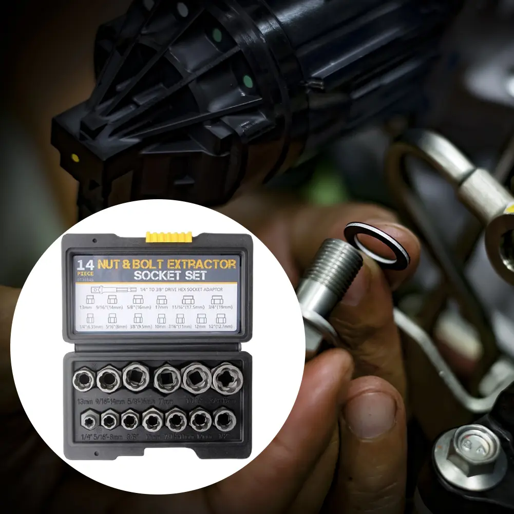 14 Pieces Bolt Extractor Tool Set with Storage Case Nut Bolt Extractor Sleeve Set Damaged Bolt Nut Remover Extractor Socket Tool