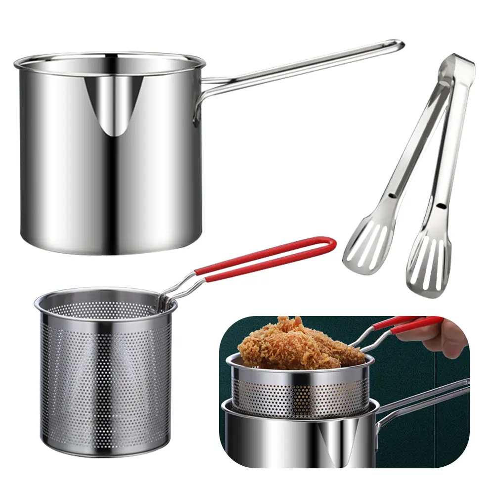 1200ML Multipurpose Fries Fryer with Strainer Basket Mesh Frying Pasta Pan 304 Stainless Steel for French Fries Chicken Fry