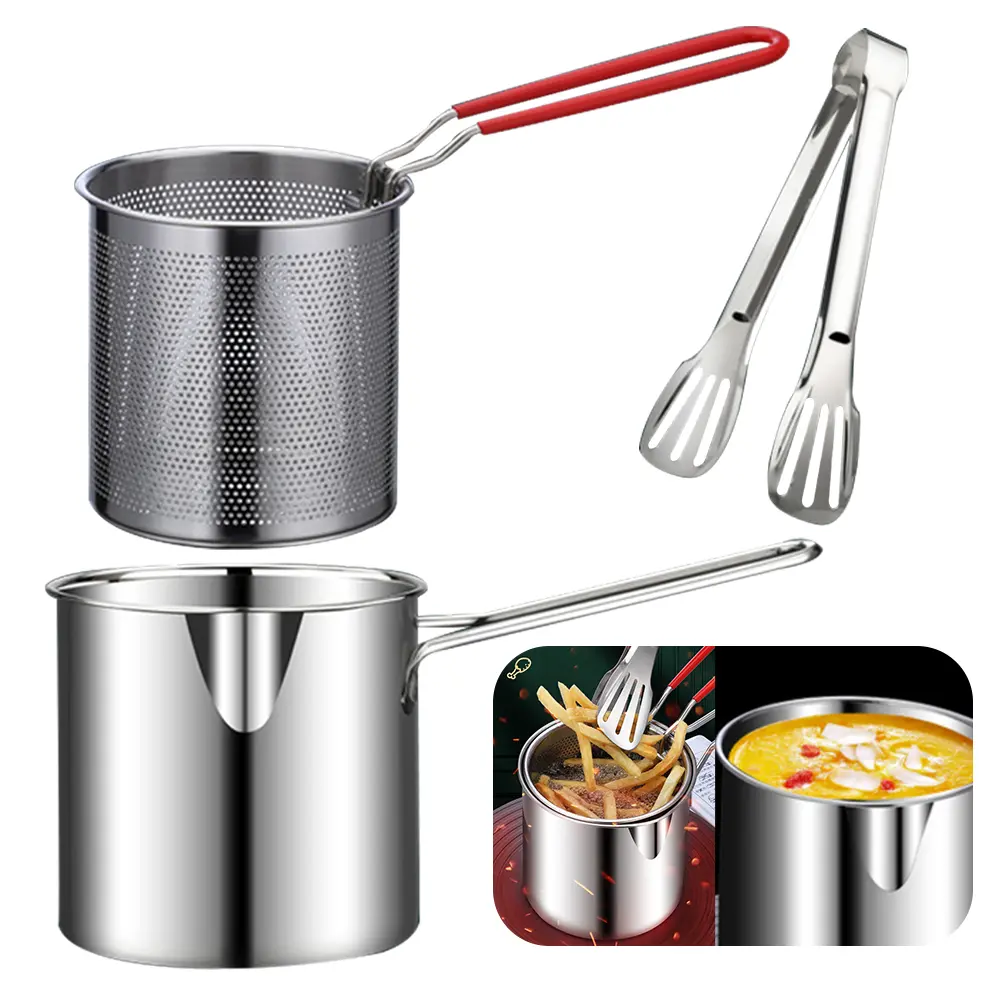 1200ML Multipurpose Fries Fryer with Strainer Basket Mesh Frying Pasta Pan 304 Stainless Steel for French Fries Chicken Fry