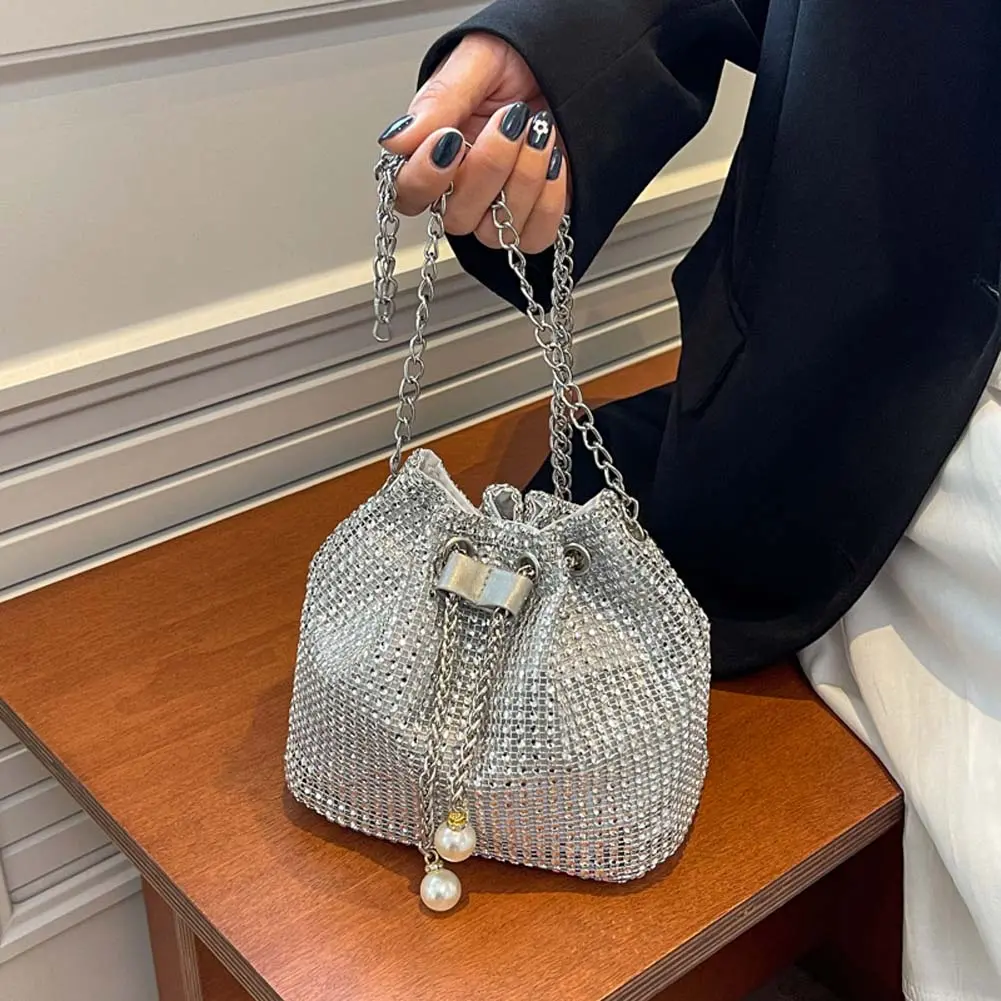 Women Chain Crossbody Bag Solid Color Rhinestone Glittering Satchel Bag Drawstring Shinny Sling Purse Dinner Party Bag