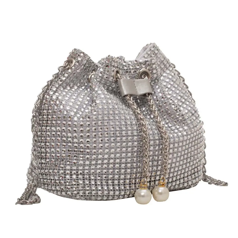 Women Chain Crossbody Bag Solid Color Rhinestone Glittering Satchel Bag Drawstring Shinny Sling Purse Dinner Party Bag