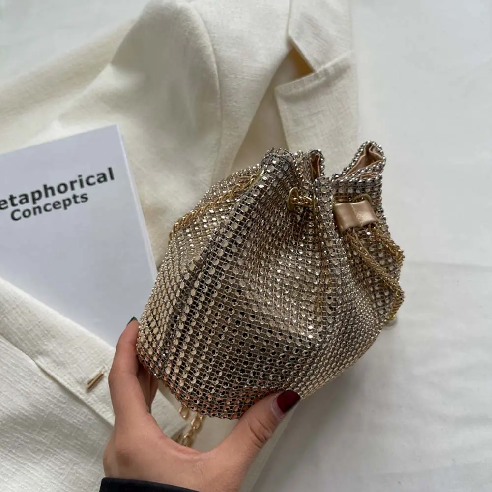 Women Chain Crossbody Bag Solid Color Rhinestone Glittering Satchel Bag Drawstring Shinny Sling Purse Dinner Party Bag