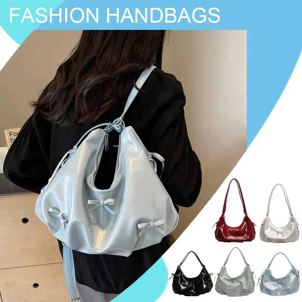 PU Leather Women Shoulder Bag Bowknot Crossbody Bag Adjustable Shoulder Strap Backpack Zipper Handbag for Travel Shopping