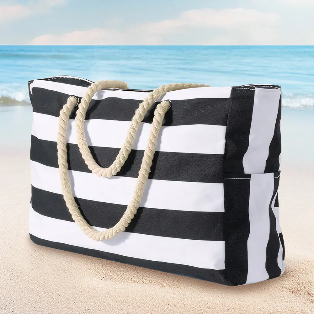 Beach Bags for Women Large Waterproof Beach Tote Bag with Zipper Striped Bohemian Storage Bag Canvas Large Beach Handbag Female