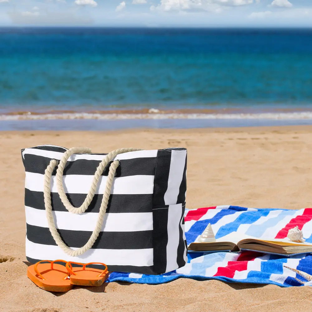Beach Bags for Women Large Waterproof Beach Tote Bag with Zipper Striped Bohemian Storage Bag Canvas Large Beach Handbag Female