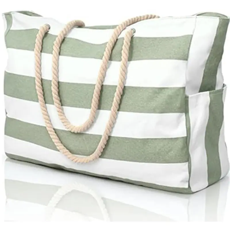 Beach Bags for Women Large Waterproof Beach Tote Bag with Zipper Striped Bohemian Storage Bag Canvas Large Beach Handbag Female