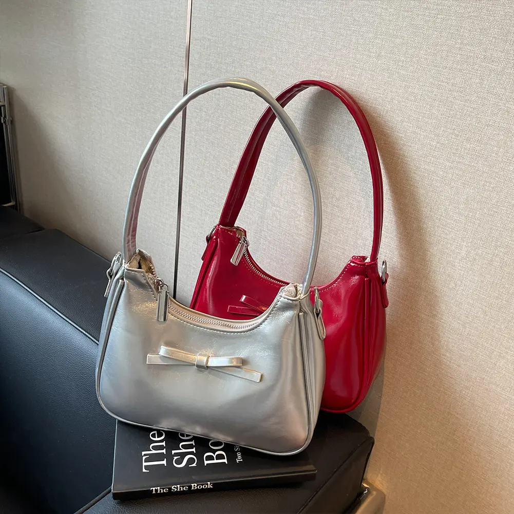 Shoulder Bag Women PU Leather Bowknot Underarm Bag Solid Color Crossbody Bag Clutch Purse for Work Travel Shopping