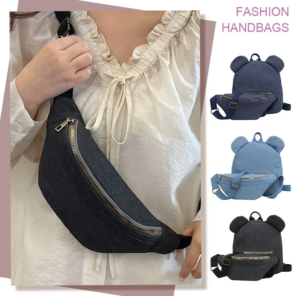 Bear Ear Backpack for Women Adjustable Strap School Bag Canvas with Waist Bag Shoulder Bag Knapsack Travel Shopping Rucksack