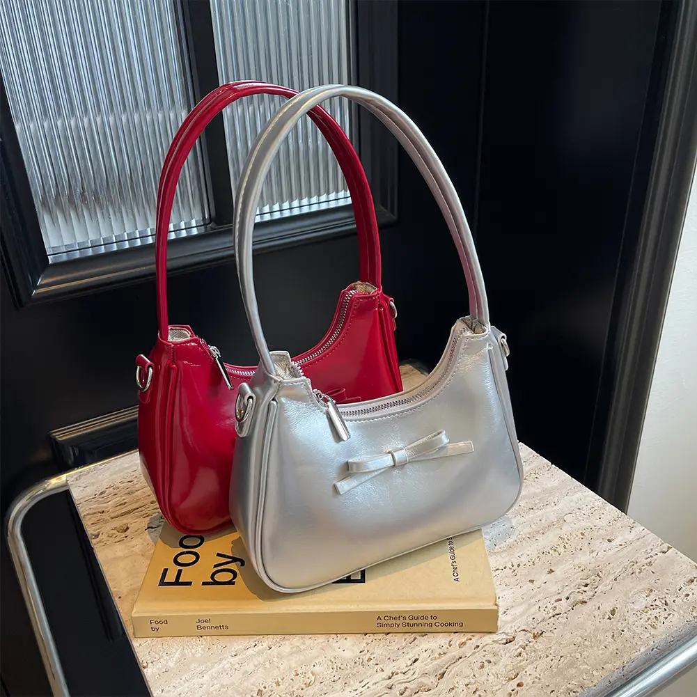 Shoulder Bag Women PU Leather Bowknot Underarm Bag Solid Color Crossbody Bag Clutch Purse for Work Travel Shopping
