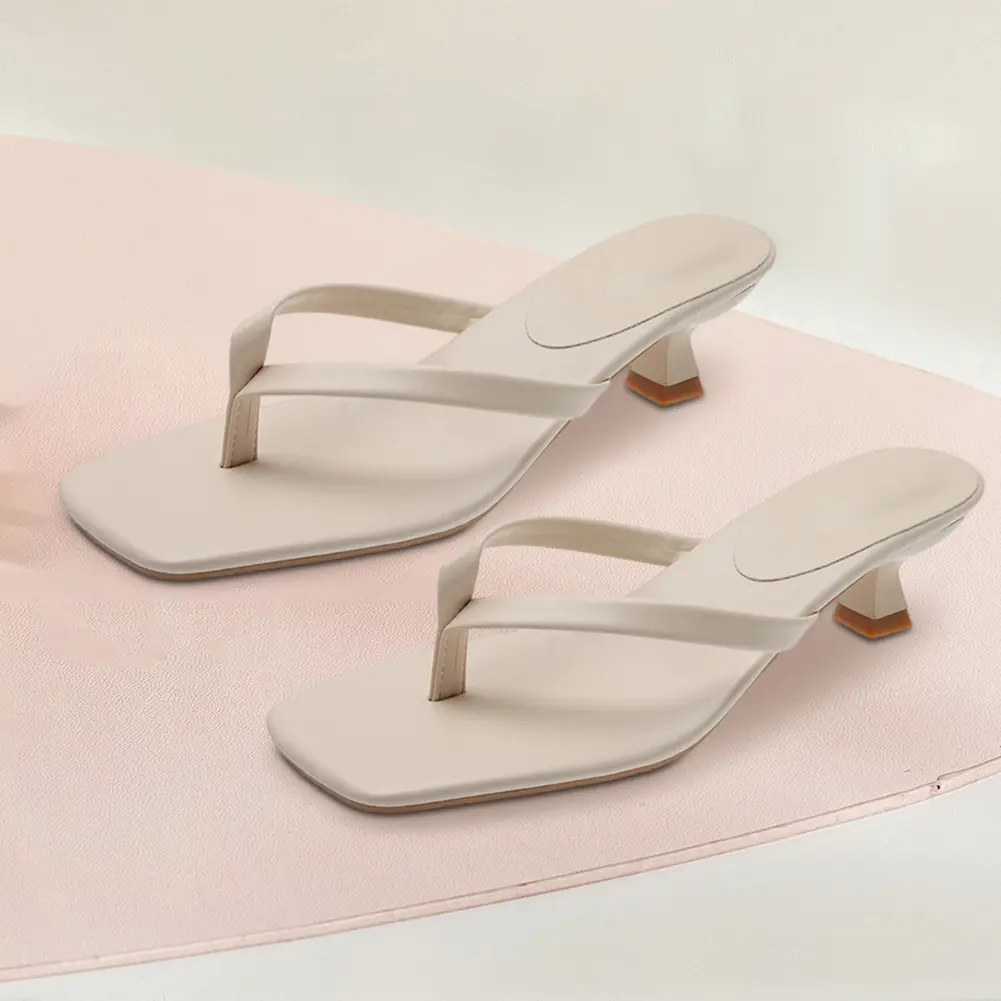 Women Stiletto Square Toe Sandals Anti-Slip Comfort Low Heel Slides PU Leather Casual Flip-Flops for Seaside Beach Travel
