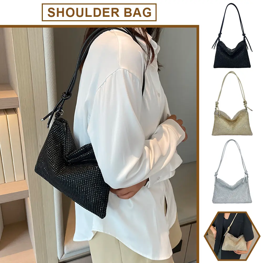 Women Diamond Shoulder Bag Chic Rhinestones Handbag Elegant Sparkle Satchel Clutch Zipper Strap Adjustable Formal Dressy Purse
