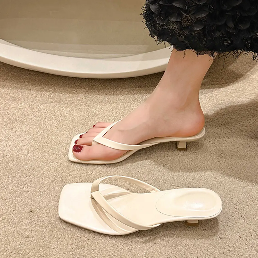 Women Stiletto Square Toe Sandals Anti-Slip Comfort Low Heel Slides PU Leather Casual Flip-Flops for Seaside Beach Travel