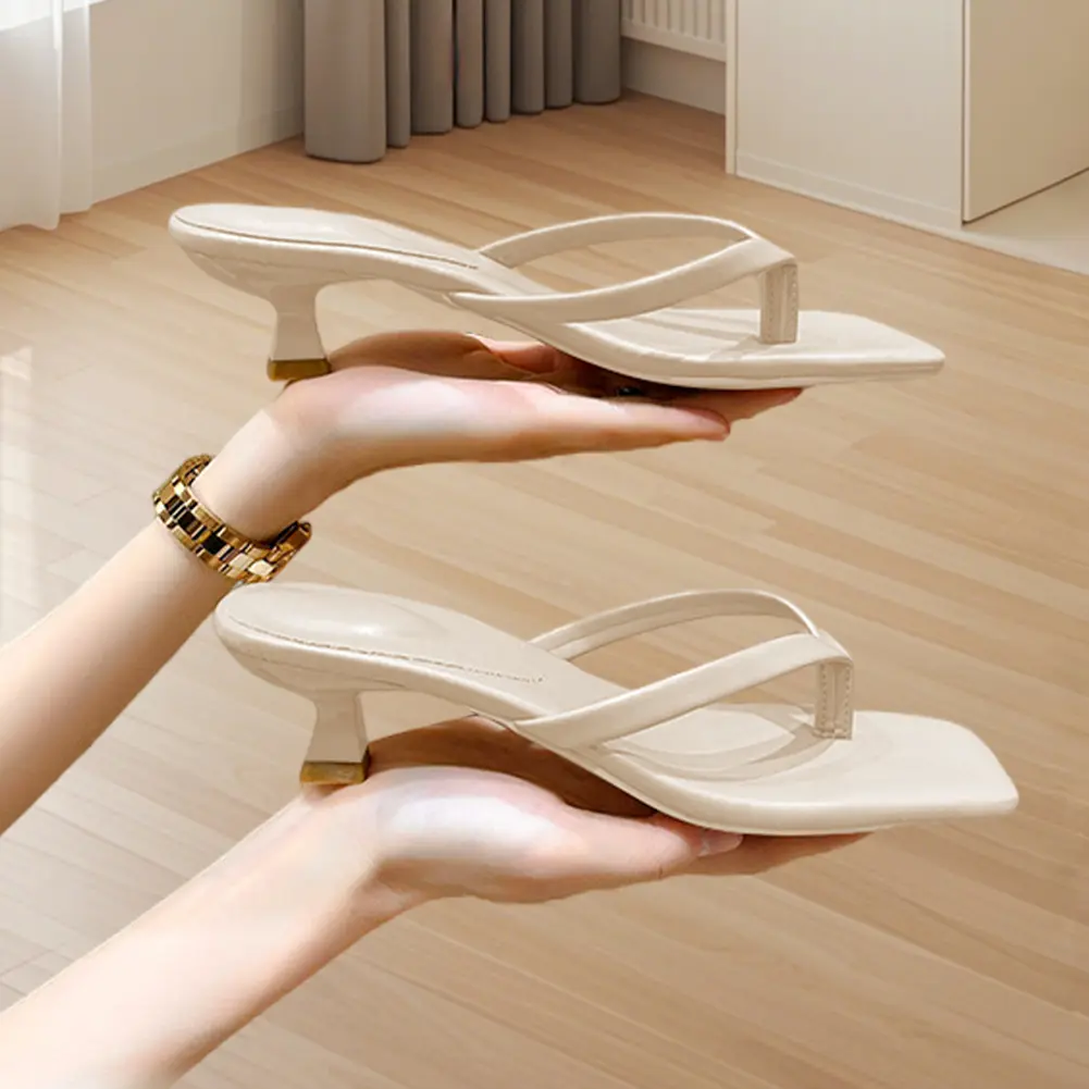 Women Stiletto Square Toe Sandals Anti-Slip Comfort Low Heel Slides PU Leather Casual Flip-Flops for Seaside Beach Travel