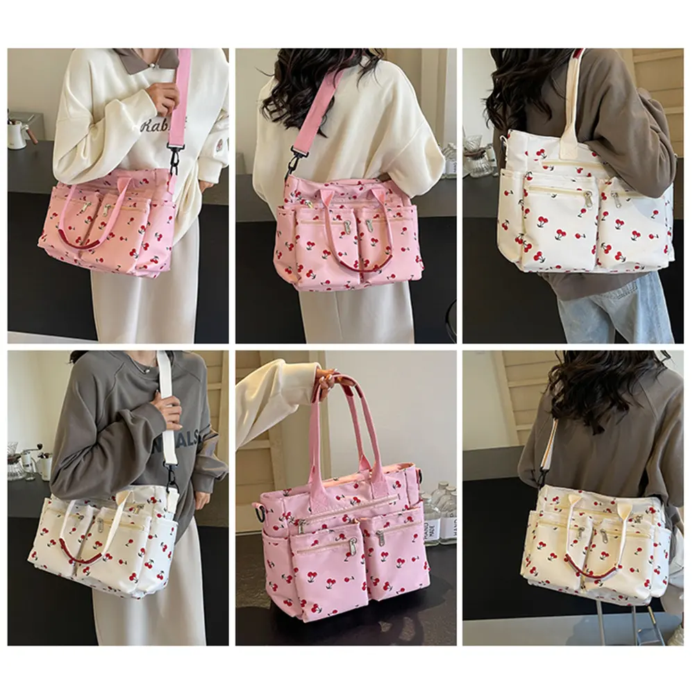 Multi-pockets Crossbody Bag Women's Casual Messenger Bag Large Capacity Shoulder Bags Cherry Pattern Tote Handbag Commuting Bags