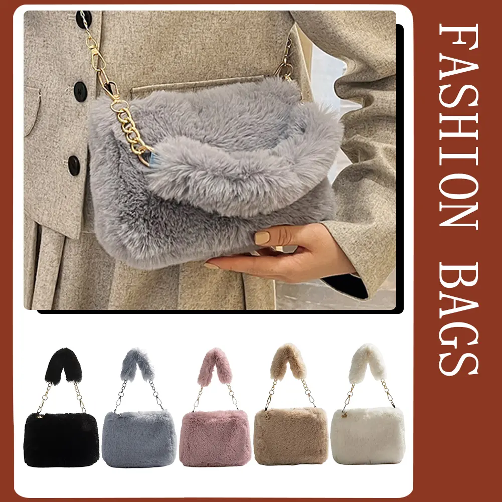 Women Chain Square Bag Casual Faux Fur Tote Bag Versatile Fuzzy Crossbody Bag Soft Cute Fall Winter Female Purse