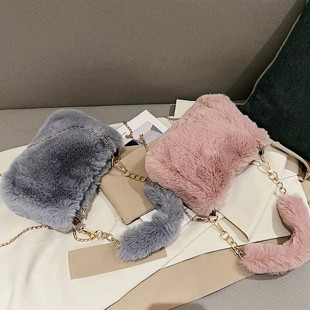 Women Chain Square Bag Casual Faux Fur Tote Bag Versatile Fuzzy Crossbody Bag Soft Cute Fall Winter Female Purse