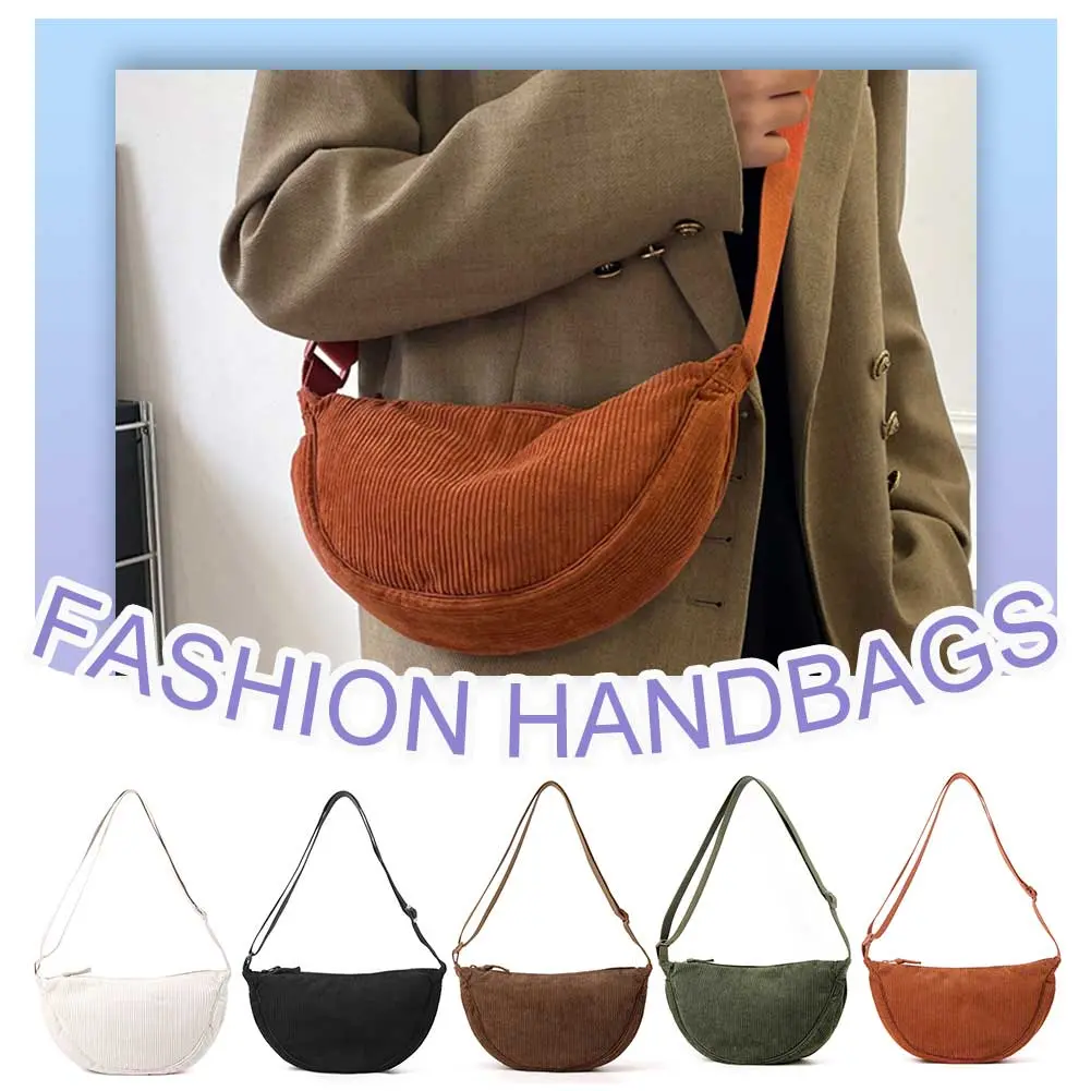 Crescent Bag Corduroy Adjustable Strap Crossbody Bag for Men Women with Zipper Solid Dumpling Bag for Travel Work