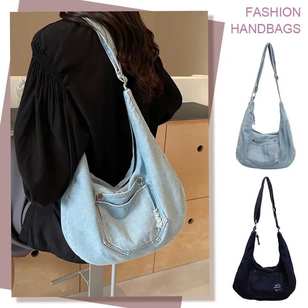Denim Shoulder Bag for Women Men Adjustable Strap Retro Crossbody Bag Large Capacity Hobo Bag Commuter Travel Bag