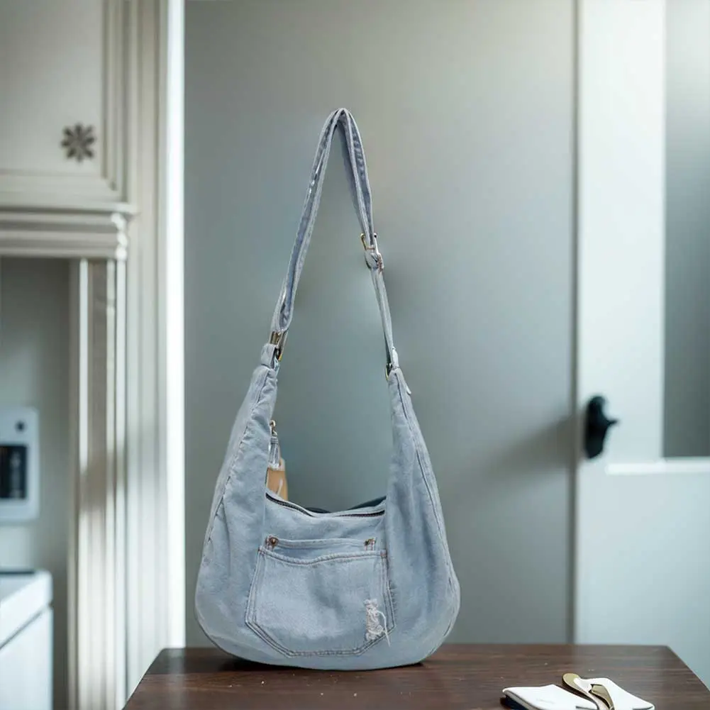 Denim Shoulder Bag for Women Men Adjustable Strap Retro Crossbody Bag Large Capacity Hobo Bag Commuter Travel Bag