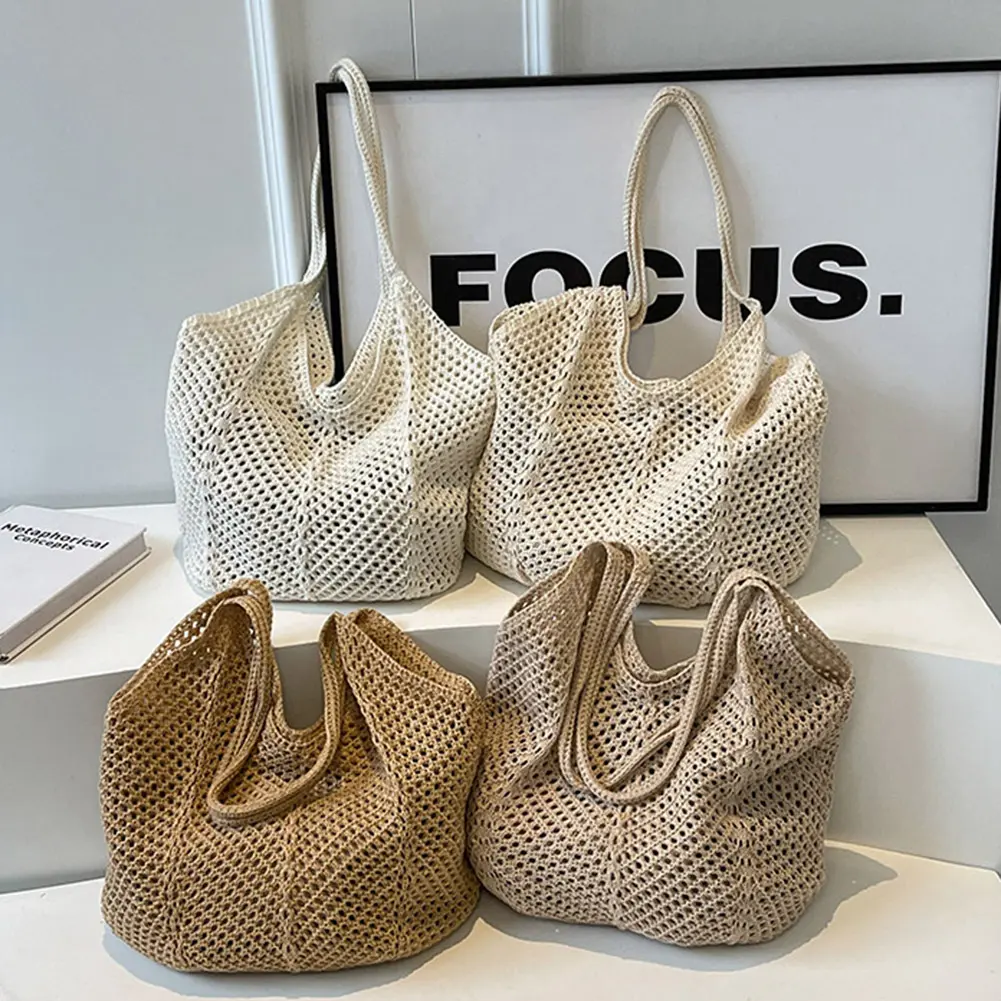 Women Shoulder Bag Hollow Out Knitting Tote Bag Large Capacity Ladies Crochet Handbags Summer Beach Handmade Woven Mesh Bag 2024