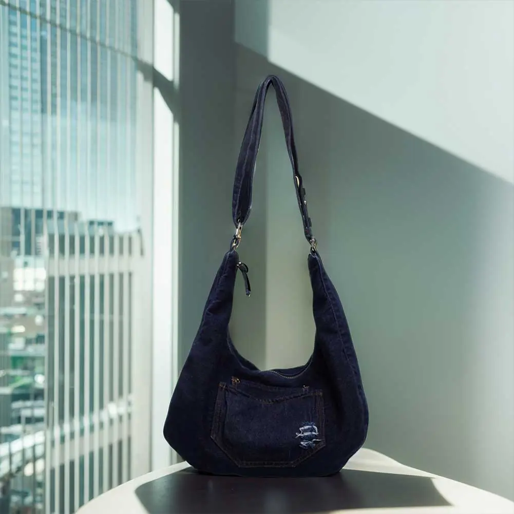 Denim Shoulder Bag for Women Men Adjustable Strap Retro Crossbody Bag Large Capacity Hobo Bag Commuter Travel Bag