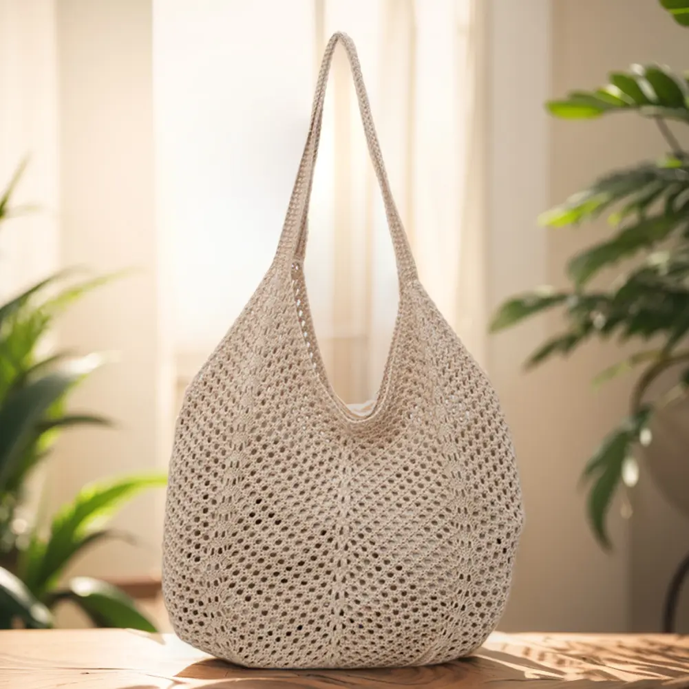 Women Shoulder Bag Hollow Out Knitting Tote Bag Large Capacity Ladies Crochet Handbags Summer Beach Handmade Woven Mesh Bag 2024