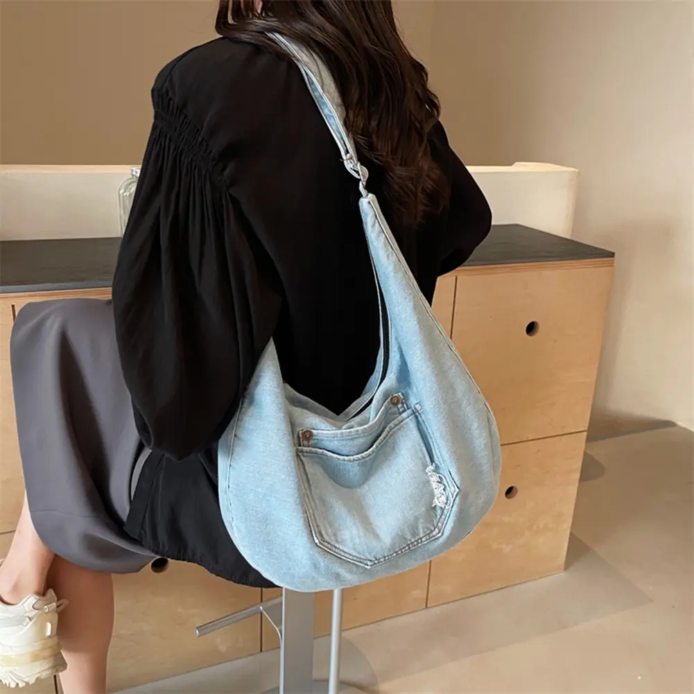 Denim Shoulder Bag for Women Men Adjustable Strap Retro Crossbody Bag Large Capacity Hobo Bag Commuter Travel Bag