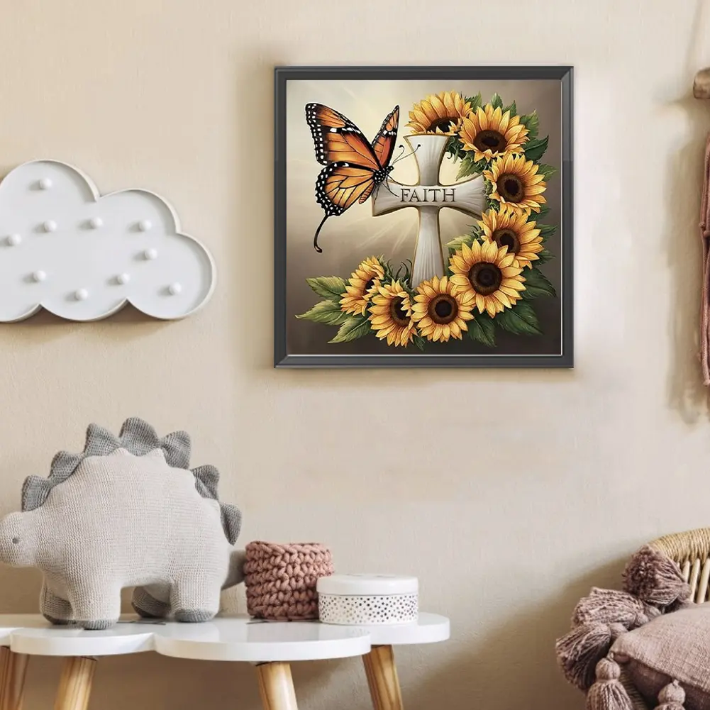 30x30cm Sunflower Butterfly Cross 5D DIY Full Drill Round Diamond Painting Kit