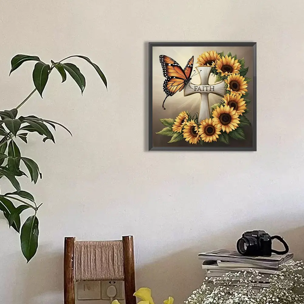30x30cm Sunflower Butterfly Cross 5D DIY Full Drill Round Diamond Painting Kit