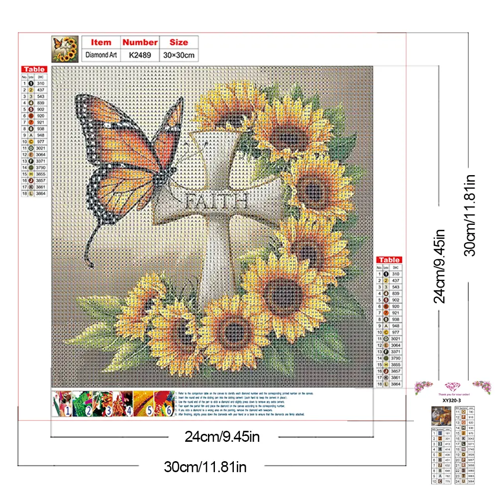 30x30cm Sunflower Butterfly Cross 5D DIY Full Drill Round Diamond Painting Kit