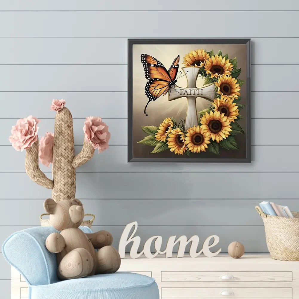30x30cm Sunflower Butterfly Cross 5D DIY Full Drill Round Diamond Painting Kit