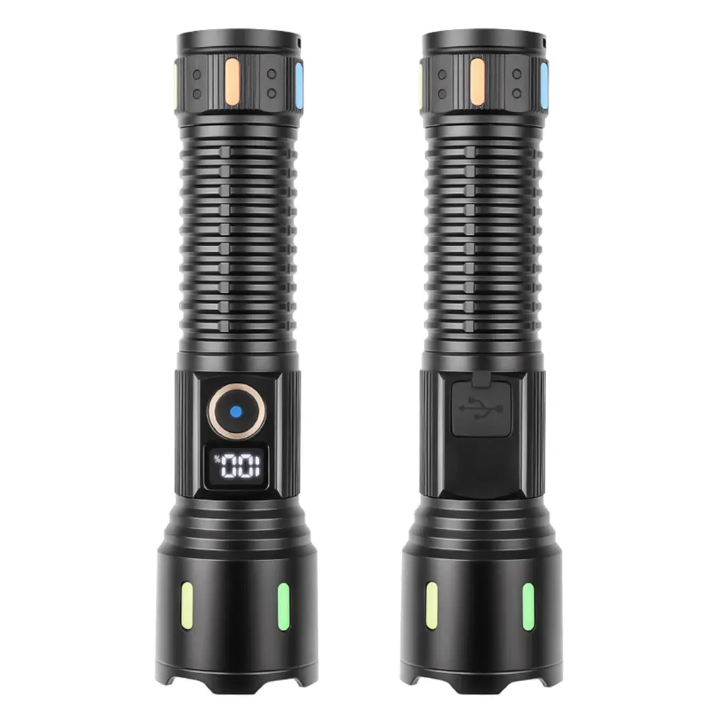 30W LED Zoomable Flashlight USB Charging Powerful Zoom Lamp Power Display Handheld Powerful Flashlight 5 Gears for Power Outages