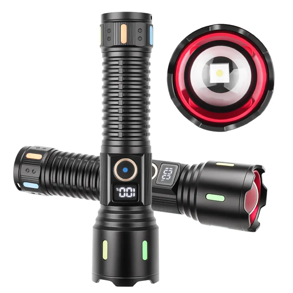 30W LED Zoomable Flashlight USB Charging Powerful Zoom Lamp Power Display Handheld Powerful Flashlight 5 Gears for Power Outages
