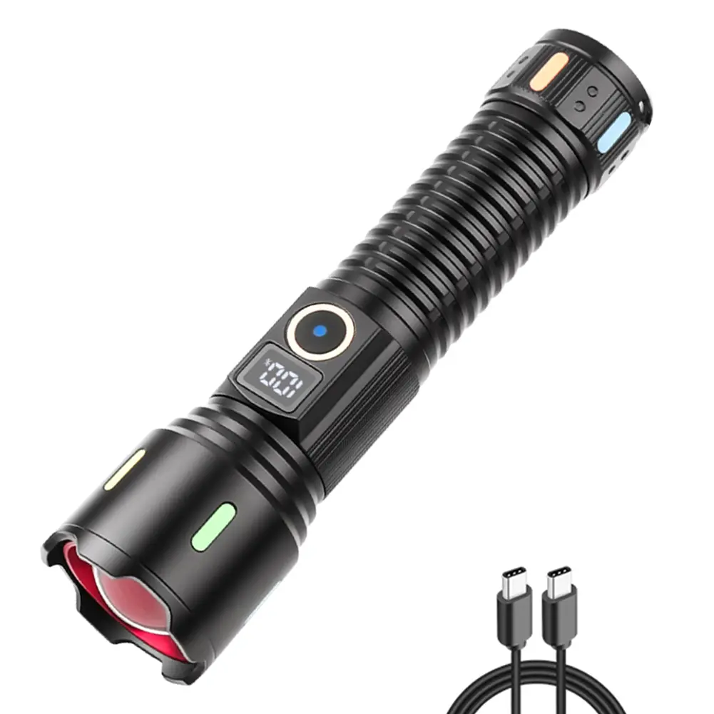 30W LED Zoomable Flashlight USB Charging Powerful Zoom Lamp Power Display Handheld Powerful Flashlight 5 Gears for Power Outages