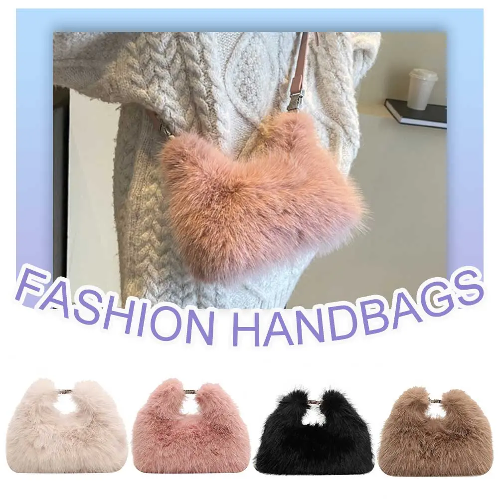 Women Faux Fur Shoulder Bag Adjustable Strap Handbag Soft Plush Fluffy Crossbody Bag Solid Color Hobo Bag for Travel Party