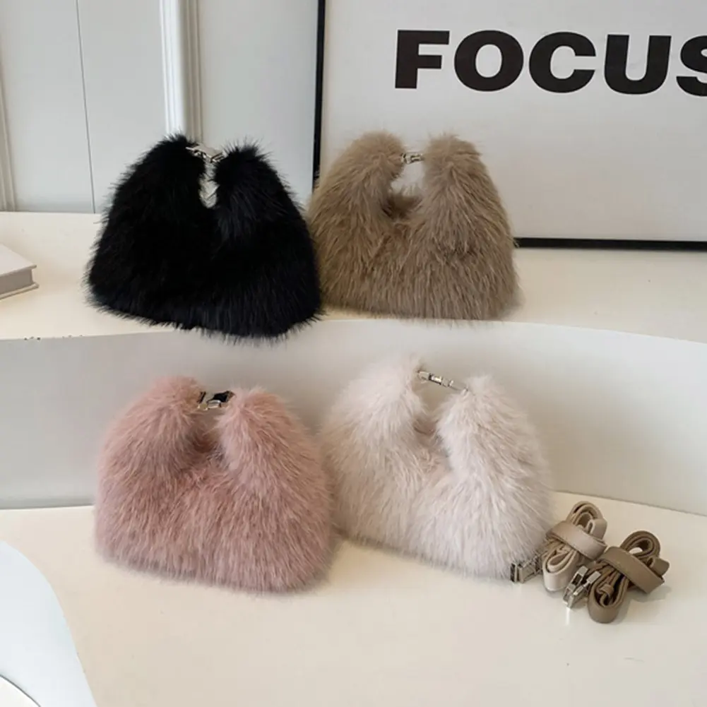 Women Faux Fur Shoulder Bag Adjustable Strap Handbag Soft Plush Fluffy Crossbody Bag Solid Color Hobo Bag for Travel Party