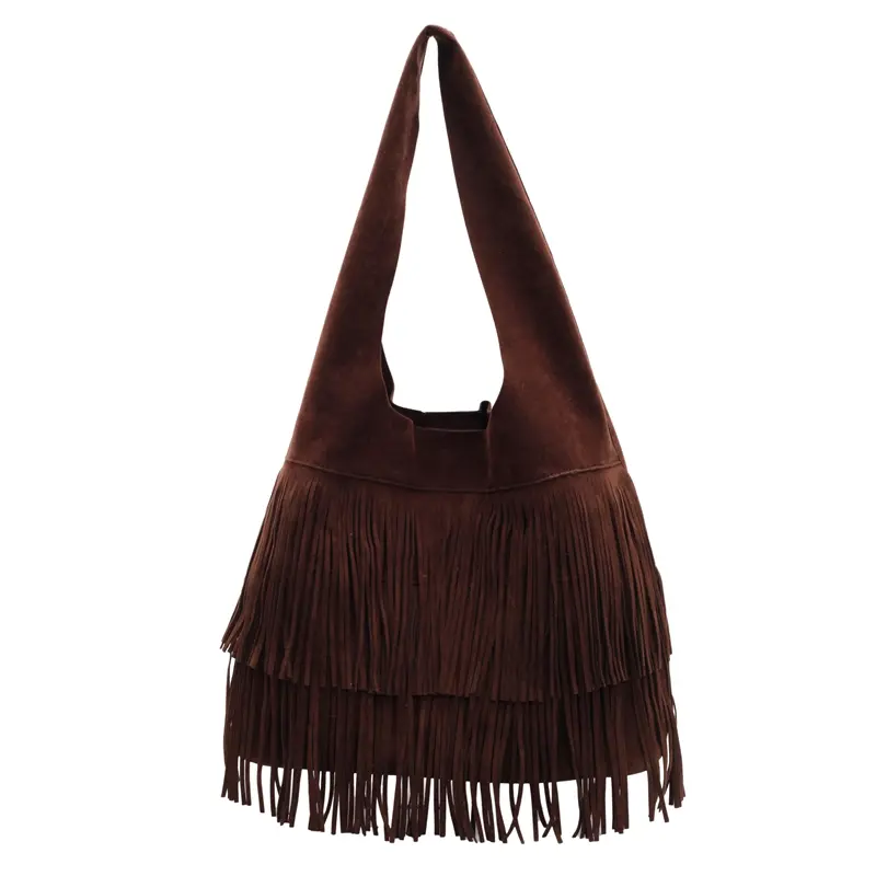 Women Frosted Tassel Shoulder Bag Faux Suede Fringe Underarm Bag Large Capacity Vintage Tote Bag Ladies Commute Bag