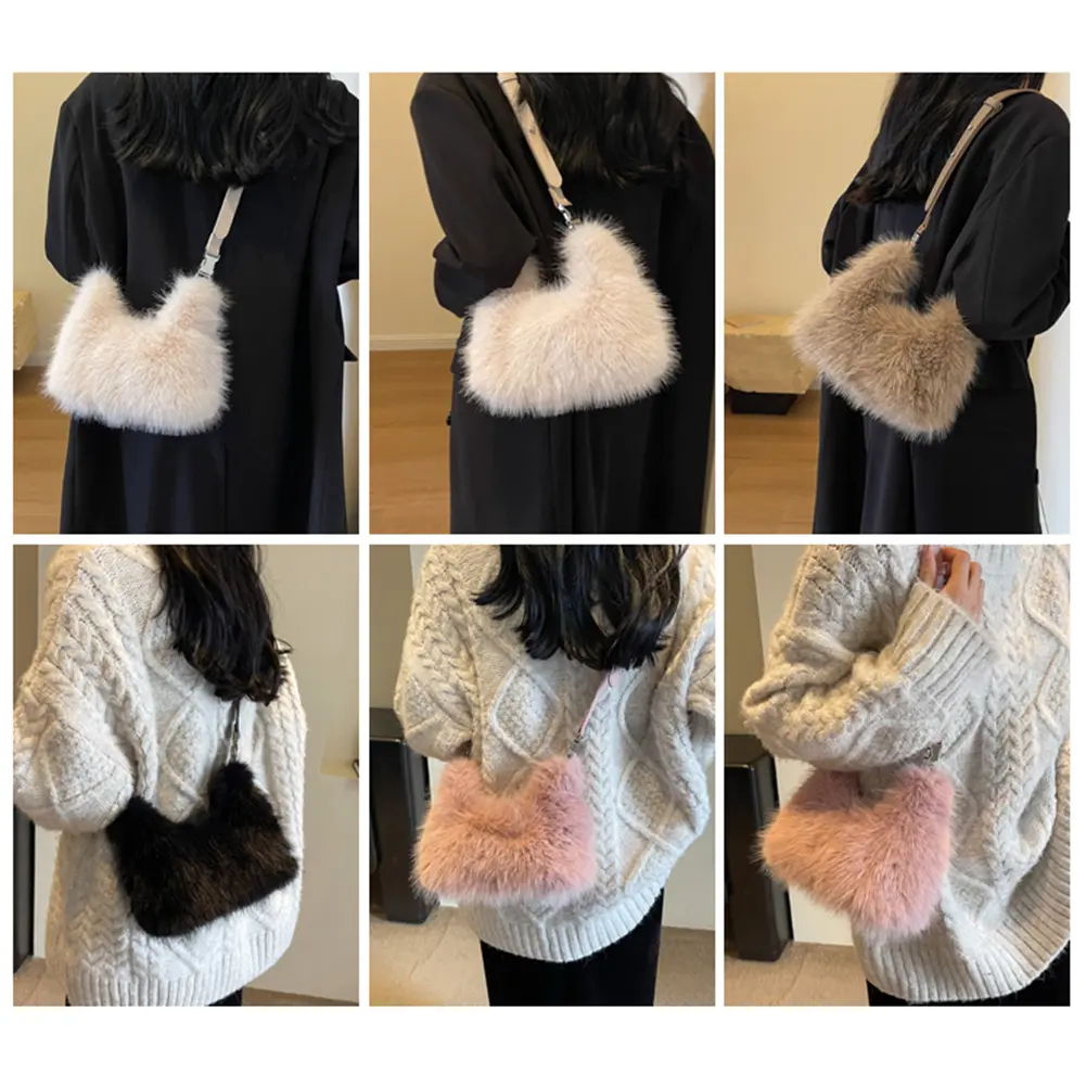 Women Faux Fur Shoulder Bag Adjustable Strap Handbag Soft Plush Fluffy Crossbody Bag Solid Color Hobo Bag for Travel Party