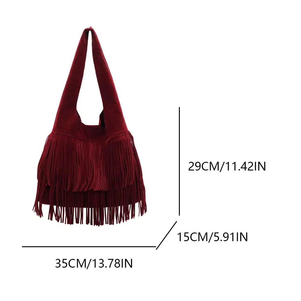 Women Frosted Tassel Shoulder Bag Faux Suede Fringe Underarm Bag Large Capacity Vintage Tote Bag Ladies Commute Bag
