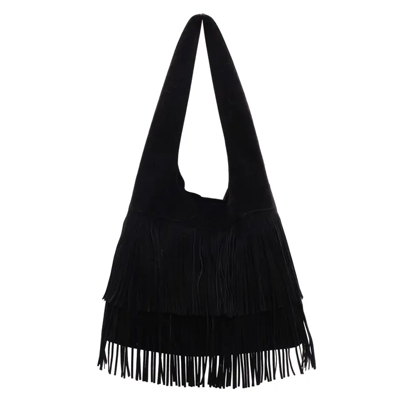 Women Frosted Tassel Shoulder Bag Faux Suede Fringe Underarm Bag Large Capacity Vintage Tote Bag Ladies Commute Bag