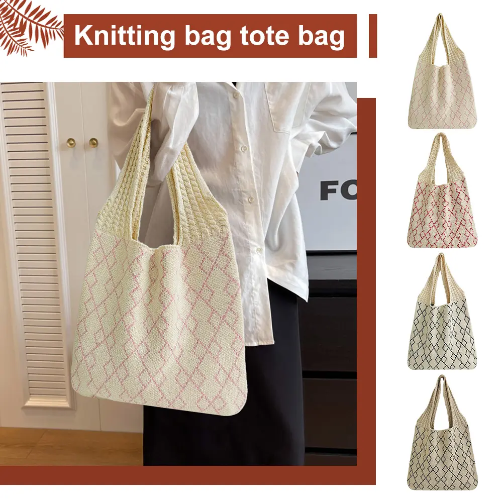 Crochet Tote Bag Mesh Knitted Bag Large Shoulder Bag Aesthetic Knit Bag Hollow Hobo Bag for Women Work Shopping Travel