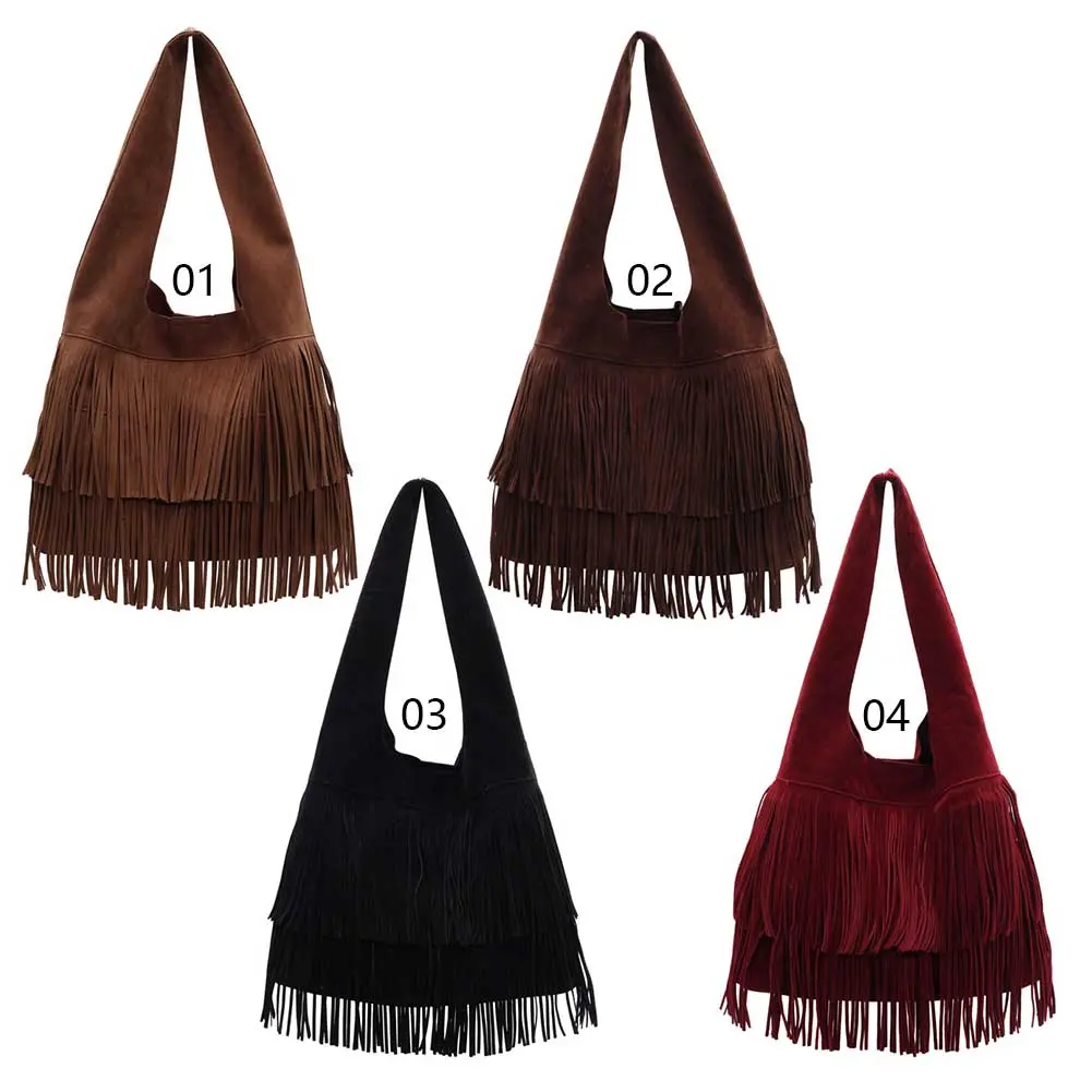 Women Frosted Tassel Shoulder Bag Faux Suede Fringe Underarm Bag Large Capacity Vintage Tote Bag Ladies Commute Bag